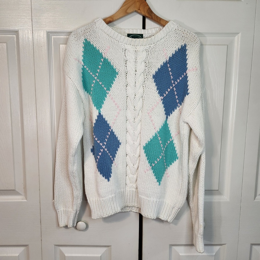 Vintage Izod Argyle Cable Knit Sweater Mens Medium White Teal Blue Cotton Preppy
